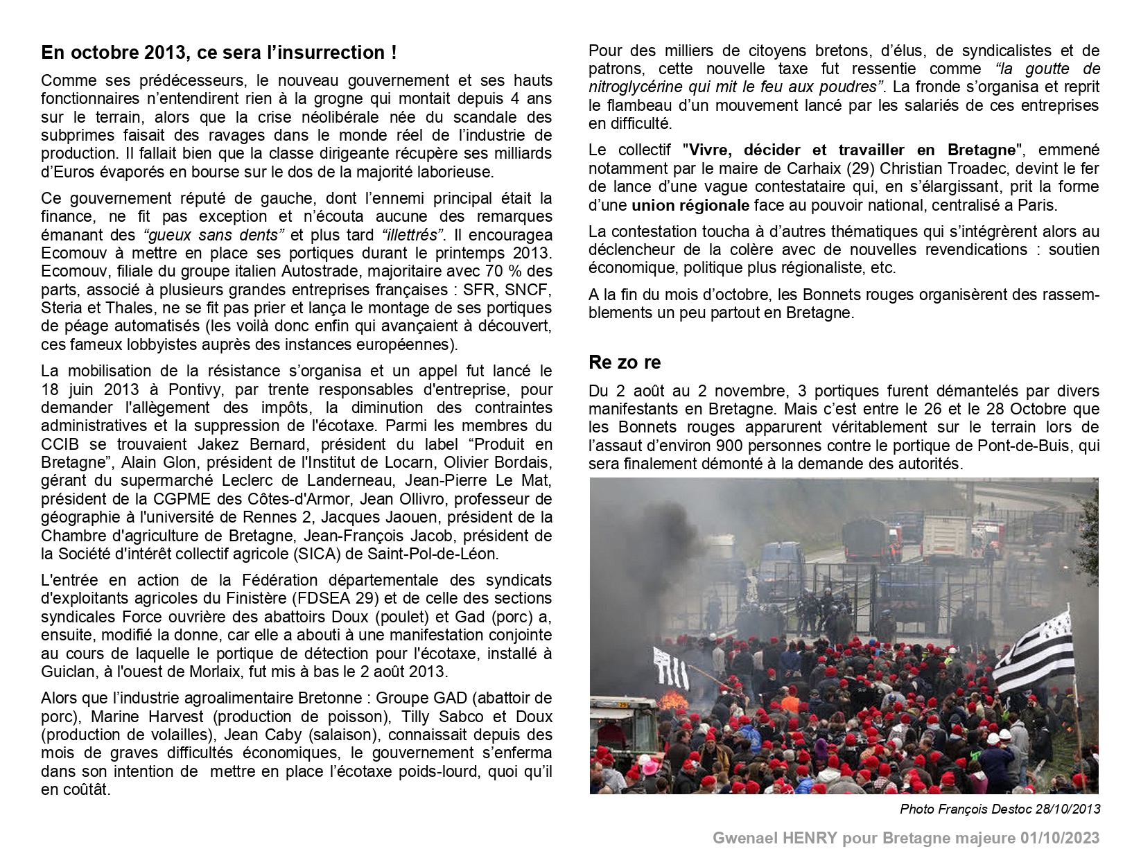 Il y a dix ans les Bonnets Rouges bretons ...